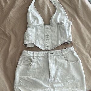 WHITE FOX SET - denim halter top ( size M ) AND mini denim skirt ( size S )